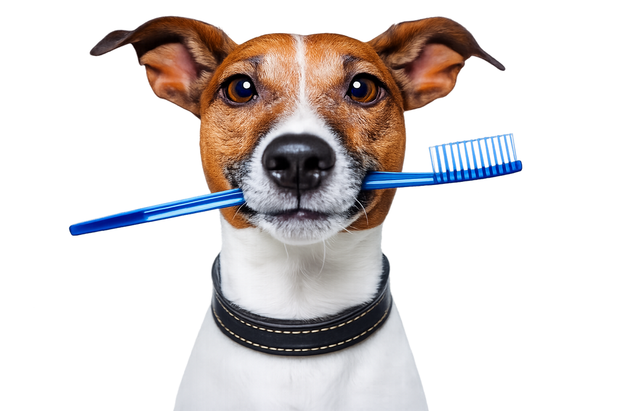 Perro sosteniendo un cepillo dental — servicio de limpieza dental veterinaria en Zapopan